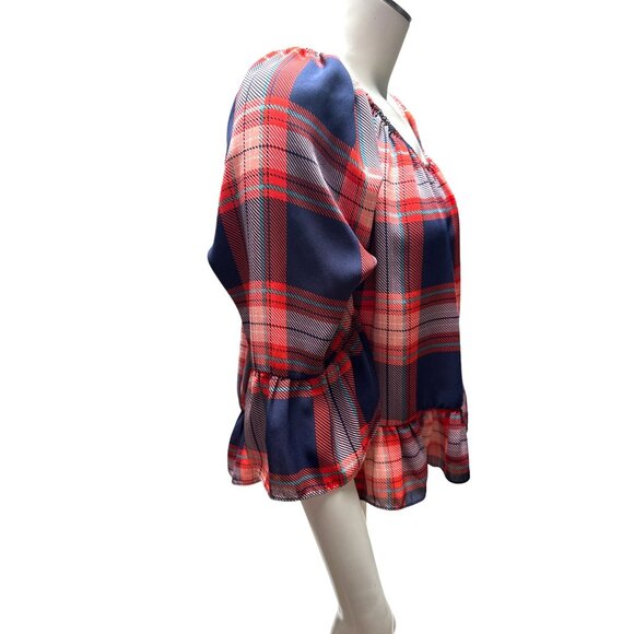 Copper Key Juniors XS Bell Sleeve Plaid Off Shoulder Ruffle Boho Blouse - Picture 8 of 10